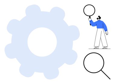 Vites büyüteçle incelenen kişi ile işlem mekaniğini sembolize eder. Yenilik, strateji, analiz, araştırma, optimizasyon, geliştirme, basit iniş sayfası için ideal