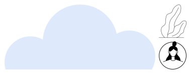 Yumuşak mavi renkli minimalist bulut şekli, çizgili yapraklı bitki ve dişi avatar çizgisi. Teknoloji, ağ, iletişim, çevre, kişisel markalaşma, yaratıcılık ve basit bir iniş için ideal