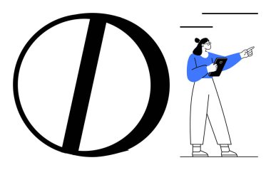 Kalın bir yuvarlak şeklin yanında ilerlerken elinde tablet tutan bir kadın. Yaratıcılık, tasarım, eğitim, takım çalışması, teknoloji, yenilik, markalaşma, basit iniş sayfası için ideal