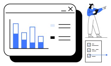 Dijital bir pencerenin içindeki bar çizelgesi, tablette iç görü sunan kadın, kontrol listesi. Analiz için ideal, veri yorumu, sonuç izleme, verimlilik, raporlama, takım çalışması basit iniş sayfası