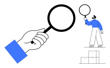 El ele tutuşan büyüteç ve merdiven ve kutuların yanında benzer aletlerle analiz eden kişi. Analiz, araştırma, teftiş, gözlem, inceleme, problem çözme, basit iniş sayfası için ideal
