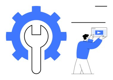 Video paneli ayarlayan adamın yanında İngiliz anahtarı temsil eden büyük dişli. Teknoloji, video kurulumu, bakım, kullanılabilirlik, yazılım geliştirme, kılavuzlar, basit iniş sayfası için ideal