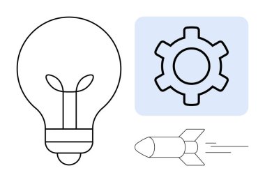 Fikirler için ampul, işlemler için teçhizat ve ilerleme için roket. Yenilik, mühendislik, yaratıcılık, teknoloji, başlangıç, geliştirme için ideal basit iniş sayfası