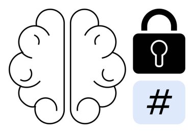 Kilit ve üstveri etiketinin yanındaki beyin çizgileri entelektüel güvenlik, şifreleme ve veri gizliliğini sembolize ediyor. Teknoloji, eğitim, siber güvenlik, yenilik, dijital etik, nöral ağlar için ideal