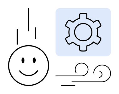 Neşeli yüz vites simgesi ve rüzgar sembollerinin yanında akar, duyguları ve hareketleri birbirine bağlar. Yenilik için ideal, enerji, yaratıcılık, pozitiflik, teknoloji, verimlilik, basit iniş sayfası