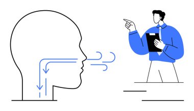 İnsanın nefes alış verişinin diyagramı. Yanında el kol hareketi yapan ve pano tutan bir adam. Sağlık, anatomi, bilim, tıp, eğitim, eğitim ve farkındalık için idealdir. Düz basit metafor