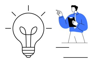 Işıklı büyük ampul, bir adamın elinde bir pano tutarken yaratıcılığı simgeler. Yenilik, eğitim, liderlik, planlama, beyin fırtınası, strateji ve motivasyon için ideal. Düz basit
