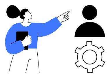 Elinde tablet tutan ve vites sembolünün yanındaki profil ikonuna bakan kadın. Takım çalışması, üretkenlik, liderlik, kullanıcı yönetimi, profesyonel hizmetler, strateji, basit iniş sayfası için ideal