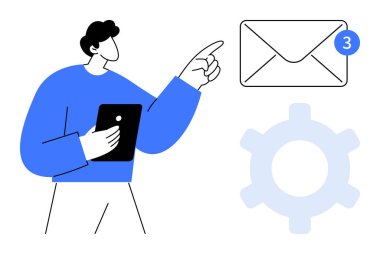 Vites simgesinin yanında okunmamış e- posta uyarısında tablet noktaları tutan adam ayarları temsil ediyor. İletişim, verimlilik, iş akışı, e-posta yönetimi, teknoloji, dijital organizasyon için ideal