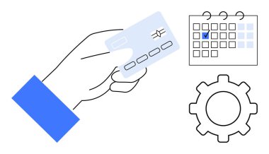 Elinizde bir kredi kartı olması mali işlemleri vurgular, işaretli tarihli takvim zamanlamayı belirtir ve teçhizat da sistem veya ayarları işaret eder. Finans, ödeme, planlama, organizasyon için ideal