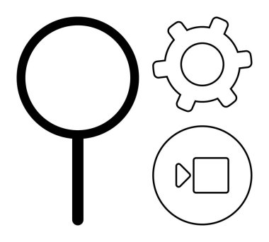 Siyah çizgi sanatı büyüteç, dişli ve daire şeklinde oynatma düğmelerini gösteriyor. Arama, ayar, medya, teknoloji, işlem arayüzü optimizasyonu için ideal. Düz basit metafor