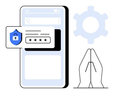 Giriş formlu akıllı telefon, kalkan kilidi simgesi, teçhizat ve dua eden eller. Gizlilik, kimlik doğrulama, güvenlik, teknoloji duası dijital güvenlik için idealdir. Düz basit metafor