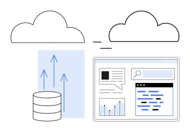 Veritabanı verileri yukarı doğru oklarla buluta aktarıyor, grafikleri ve analizleri gösteren bir web arayüzüne bağlanıyor. Teknoloji, veri depolama, bulut servisi, veri analizi ve yazılım için ideal