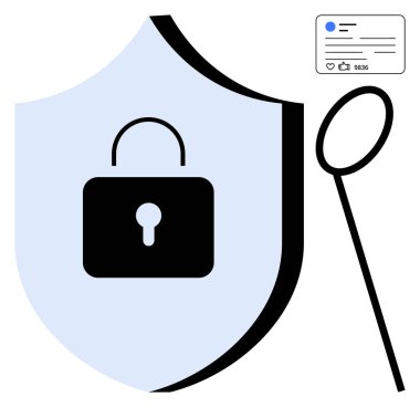 Merkezi asma kilit, büyüteç ve sosyal medya arayüzü olan bir kalkan. Gizlilik için ideal, veri güvenliği, güvenli tarama, uygulama koruması, çevrimiçi güven, basit iniş sayfası