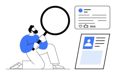 Büyüteçle diz çöküp sosyal medya profillerini, nişan ölçümlerini inceleyen ve detayları paylaşan bir adam. Kavram için ideal dijital analiz, sosyal medya pazarlaması, izleyici araştırması