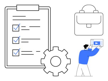 Planlama için kontrol listesi ve teçhizat, iş için çanta, dijital aletleri temsil eden tablet tutan adam. Üretkenlik, organizasyon, iş akışı optimizasyonu, görev izleme, proje planlaması için ideal