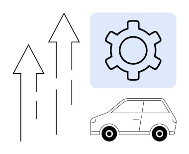 Oklar büyümeyi gösteriyor, dişliler teknolojiyi gösteriyor, araba ise modern ulaşımı. Büyüme stratejisi, yenilik, teknoloji, otomotiv, ulaşım, ilerleme için ideal