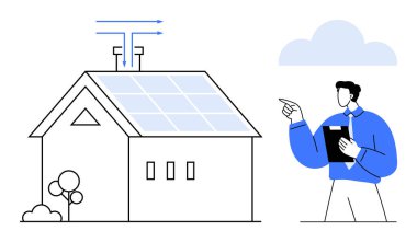 Evin çatısındaki güneş panelleri, hava sirkülasyonunu gösteren oklar, pano ile tasarımı açıklayan adam. Sürdürülebilirlik, yenilenebilir enerji, eko teknolojisi, mimari, yeşil yenilik, temiz