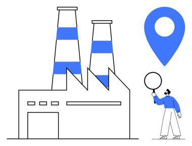Çift bacalı bir fabrika, büyüteçle inceleme yapan bir işçi ve büyük bir konum belirleyici. Üretim, endüstri, lojistik, keşif, araştırma, analiz için ideal basit iniş sayfası