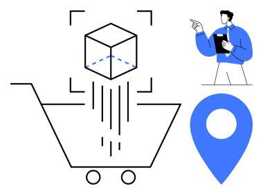 Artırılmış gerçeklik kutusu taraması, lokasyon iğnesi ve pano tutan kişi olan bir araba. E-ticaret, lojistik, yenilik, perakende, dağıtım, müşteri deneyimi için ideal düz metafor