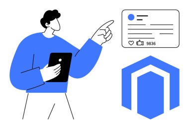 Dijital profil kartında nişan istatistikleri ve geometrik evden esinlenilmiş logosu olan adam. Sosyal medya, analitik, pazarlama, ağ, markalaşma, UI, basit iniş için ideal