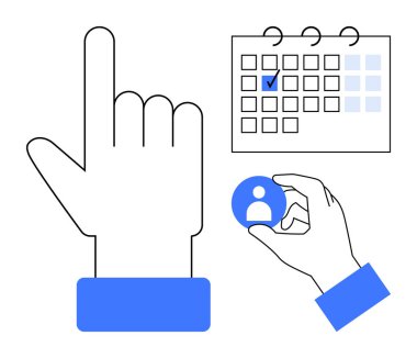 El hareketleri bir takvimle etkileşime girer ve bir kullanıcı profili seçer. Zamanlama, planlama, kullanıcı yönetimi, zaman yönetimi, takım çalışması, organizasyon, karar verme için ideal. Düz basit metafor