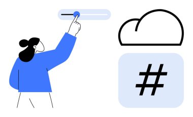 Bir kadın bir bulut simgesinin üzerinde ve kalın bir meta veri sembolünün yanında bir düğme ayarlıyor. Bulut teknolojisi, veri yönetimi, sosyal medya, entegrasyon, analitik, kullanıcı etkileşimi, basit iniş için ideal