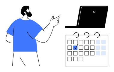 İşaretli bir takvimin yanında dizüstü bilgisayarda el kol hareketi yapan planlama, planlama ve organizasyon yapan bir adam. Üretkenlik, görev yönetimi, zaman yönetimi, takım çalışması, teslim tarihleri, uzaktan çalışma dairesi için ideal