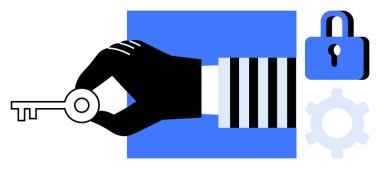 Elinizde asma kilit ve teçhizatın yanında güvenlik, erişim ve işlevselliği sembolize eden bir anahtar var. Siber güvenlik, çözümler, kontrol, izinler, güvenlik şifrelemesi için ideal. Düz basit