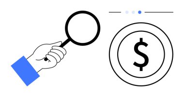 El ele tutuşan büyüteç, dolar işaretli madeni paraları kontrol ediyor. Finans, yatırım, denetim, ekonomi, araştırma, tasarruf, basit iniş sayfası için ideal