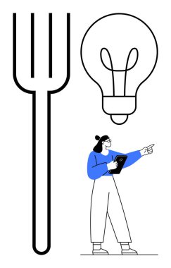 Elinde tablet tutan bir kadın, büyük bir çatal ve ampulü işaret ediyor, fikirler ve problem çözme çağrıştırıyor. Yenilik, yaratıcılık, beyin fırtınası, çözümler, gıda endüstrisi fikirleri, sunumlar için ideal