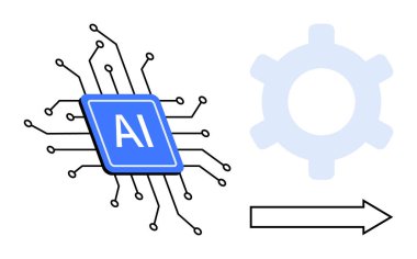 Devreli yapay zeka mikroçipi, bir dişli ve yön oku ile yapay zeka sürücüsü otomasyonu ve yeniliği göstermektedir. Teknoloji, otomasyon, robotik, yapay zeka, makine için ideal