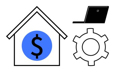 Dolar işareti, dizüstü bilgisayar ve mali yönetimi, uzaktan çalışmayı veya dijital aletleri temsil eden teçhizatlı ev. Finans, teknoloji, iş operasyonları, emlak verimliliği için ideal