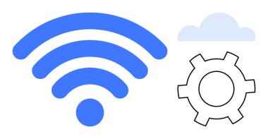 Büyük mavi kablosuz sinyal simgesi, bulut hesaplama için bulut ve ayarları temsil eden ekipman. Teknoloji, bağlantı, bulut hizmetleri, ağ oluşturma, bilişim, otomasyon ve basit iniş sayfası için ideal