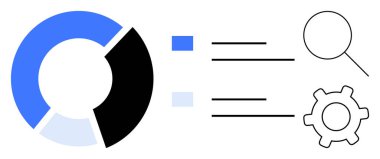 Üç bölümlü turta şeması, renk efsanesi, büyüteç ve analizi, arama ve kişiselleştirmeyi temsil eden ekipman. Veri yönetimi, analitik, kişiselleştirme teknolojisi araması için ideal