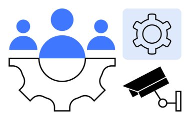 Ekip çalışmasını temsil eden üç kişi, teknoloji için bir modül ikonu ve güvenliği sembolize eden bir güvenlik kamerası. Yönetim, teknoloji ve takım oluşturma için ideal