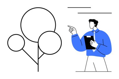 Mavi gömlekli bir adam elinde bir pano tutarken soyut ağaç diyagramını işaret ediyor. Eğitim, takım çalışması, yenilik, iş planlaması, analiz, sunum, liderlik için ideal. Modern düz basit