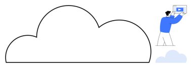 Bir tabletle etkileşime giren bir adamın video dosyası yüklediği büyük bir bulut. Dijital depolama, ağ oluşturma, bulut hizmetleri, dosya paylaşımı, çevrimiçi platformlar, veri yönetimi, basit