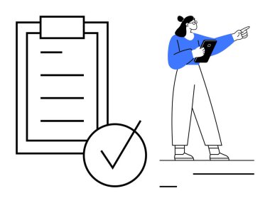 Elinde tablet tutan kadın ve yanında kalın işaretli büyük bir kontrol listesi var. Proje yönetimi, verimlilik, yön, planlama, organizasyon, takım yönetimi için ideal, basit