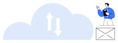 Yükleme ve indirme okları olan büyük bulut, pano gösteren adam ve zarf. Teknoloji, iletişim, bulut depolama, iş dünyası, e-posta ağ yeniliği için ideal. Düz basit