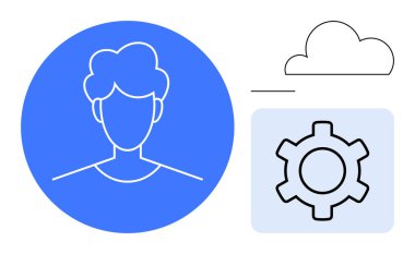 Mavi daire, bulut simgesi ve dişli sembolü olarak çizilmiş kişi simgesi teknolojiyi, kullanıcı yönetimini ve kişiselleştirmeyi öneriyor. Uygulama kurulumu, kullanıcı arayüzü, bulut depolama, profil sistemi için ideal