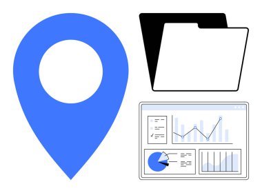 Mavi konum işaretleyici, siyah klasör ve grafik ve çizelgelerle dolu gösterge paneli. Veri analizi, proje yönetimi, konum izleme, dosya organizasyonu, iş stratejisi, bilgi için ideal