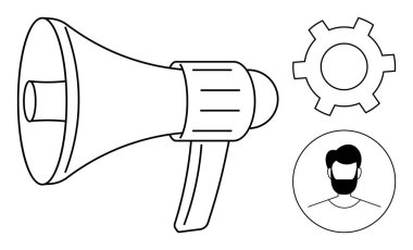 Megafon, mesajlaşma dişlisinin ayarları veya işlevsellik kullanıcı avatarını sembolize ettiğini vurgulamaktadır. Pazarlama, liderlik, kullanıcı katılımı, teknoloji, iletişim için ideal