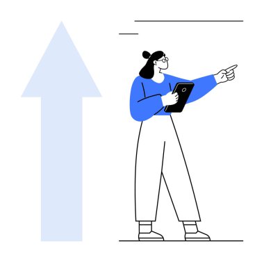 Elinde tablet tutan profesyonel bir kadın, yönü ve başarıyı sembolize eden yukarı doğru uzanan büyük bir oku işaret ediyor. Büyüme, liderlik, planlama, hedefler, motivasyon, ilerleme için ideal, basit iniş sayfası