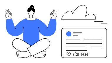 Nilüfer çiçekli meditasyon pratiği yapan kişi, baş parmakları ve yorumları olan dijital sosyal medya paylaşımı, resimli bulut. Farkındalık, dijital detoks, sağlık, sosyal medya, yaşam tarzı için ideal