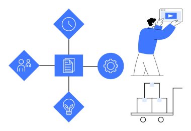 Video oynatıcı arayüzü tutan işçiler, doküman, saat, takım, fikir, vites simgeleri, kutularla dolu el arabası diyagramı. Üretkenlik, iş akışı yönetimi lojistik yaratıcılık planlaması için ideal basit