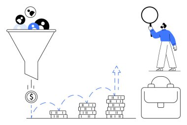 Huni filtreleme gelir getirir, madeni paralar grafiğe yığılır, büyüteç, bavul. Pazarlama, strateji, büyüme, finans, iş analitiği dönüşümü için ideal basit bir iniş sayfası