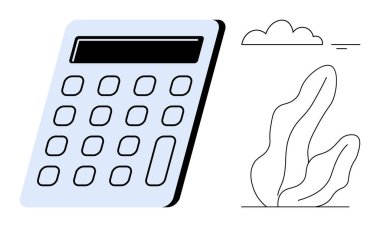Soyut bitki ve bulut simgelerinin yanında düğmeleri ve ekranı olan hesap makinesi. Finans, iş, bütçe, çevre, eğitim, minimalizm ve basit bir iniş sayfası için ideal
