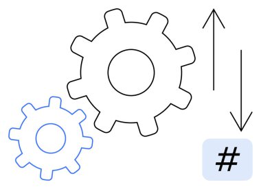 Birbirine kenetlenmiş iki vites, süreç akışını gösteren oklar ve veri entegrasyonunu vurgulayan bir sayı işareti. Takım çalışması, yenilik, süreç, strateji, otomasyon için ideal