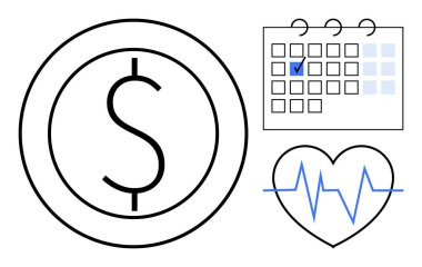 Çember içinde dolar işareti, işaretli tarihli takvim ve kalp atışı çizgisi olan kalp. Finans, sağlık, zaman yönetimi, refah, bütçe yaşam tarzı verimliliği için idealdir. Düz basit